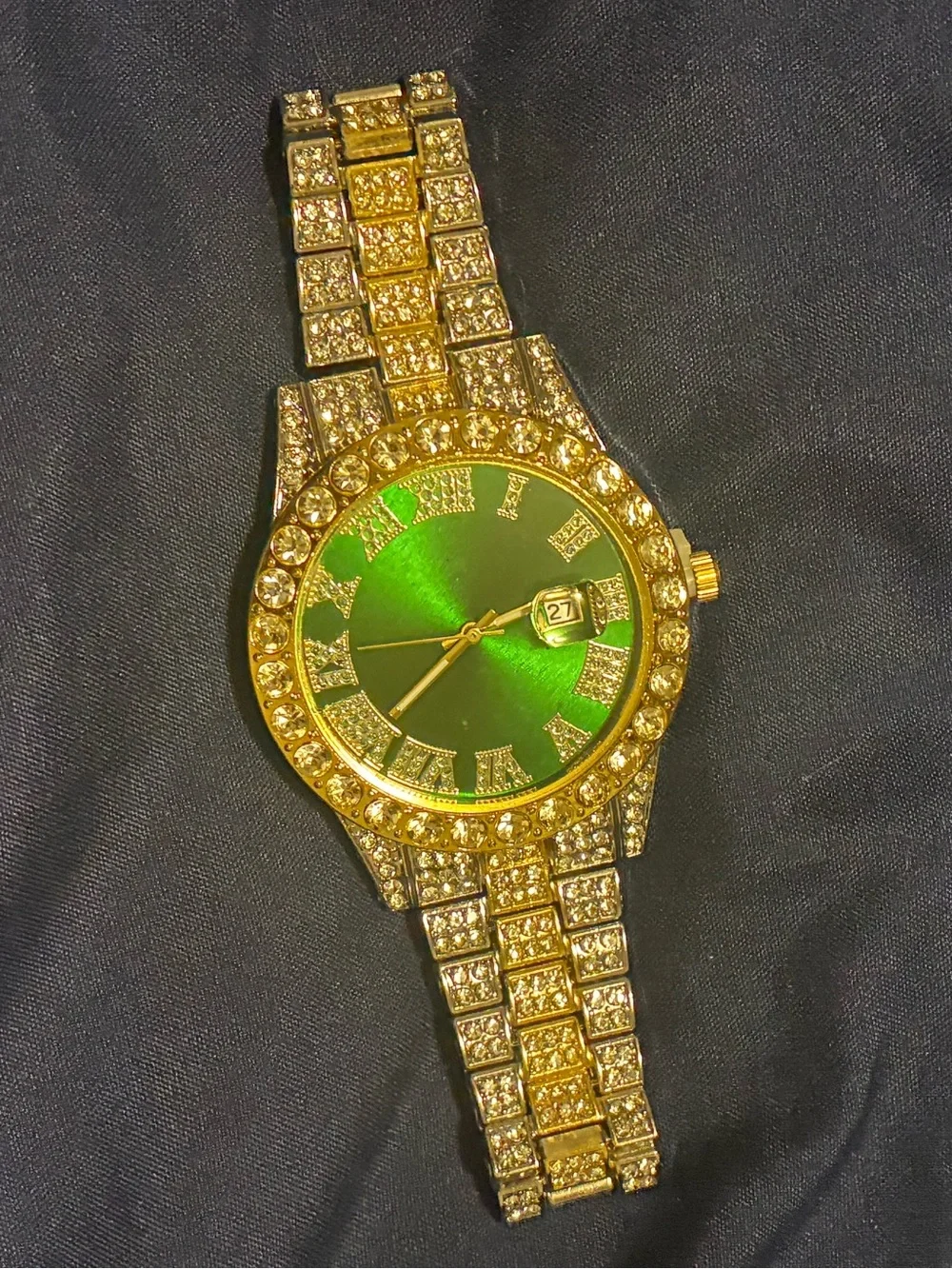 Gold-Tone Iced Out Watch with Green Dial and Crystal Accents